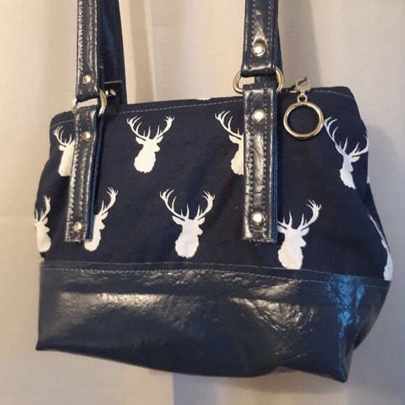 New Vinyl Double handle Shoulder Satchel Bag Purse Navy Blue White Deer Western - Picture 4 of 12
